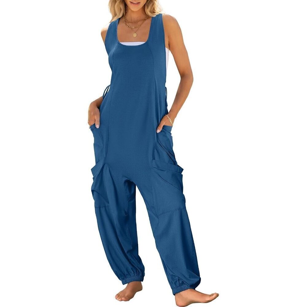 Women Deep Blue Overall Jumpsuit Loose Casual Dressy Sleeveless Baggy Romper - Picture 1 of 6